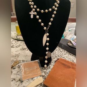 Chan Luu Silver Pearl Necklace with Silver, Pearl,Bone Talons and Charms